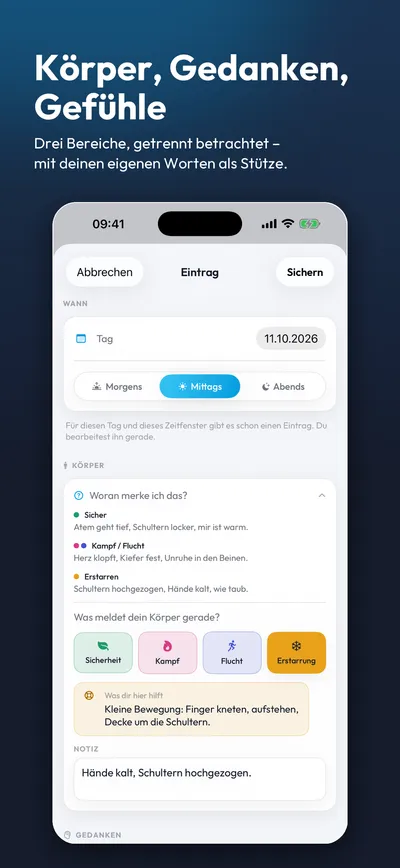 Ein neuer Eintrag: der Zustand des Körpers in vier Farben, darüber die eigenen Sätze aus der Tabelle