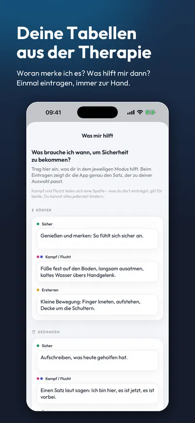 Die eigene Tabelle aus der Therapie mit einem selbst geschriebenen Satz für jeden Zustand