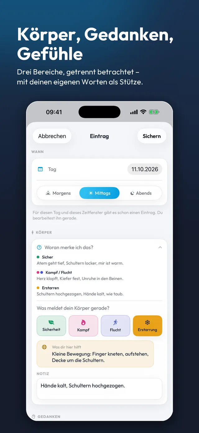 Ein neuer Eintrag: der Zustand des Körpers in vier Farben, darüber die eigenen Sätze aus der Tabelle