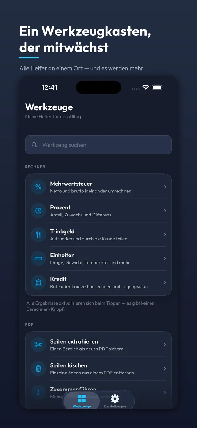 Startseite mit Suchfeld und den Werkzeugen für Rechnen und PDF