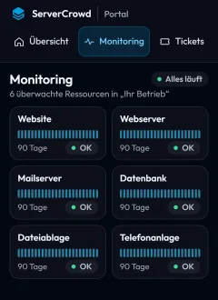 Monitoring im ServerCrowd Portal am Handy: sechs überwachte Ressourcen mit dem Zustand OK
