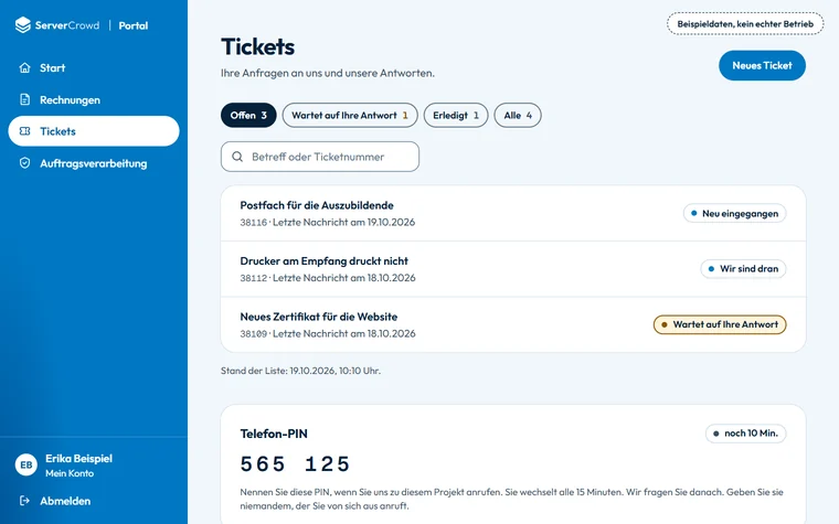 Tickets im ServerCrowd Portal mit Beispieldaten: die Telefon-PIN und die Liste der Support-Anfragen eines Betriebs