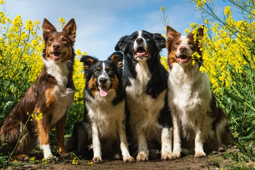 Vier Border Collies sitzen nebeneinander im blühenden Rapsfeld