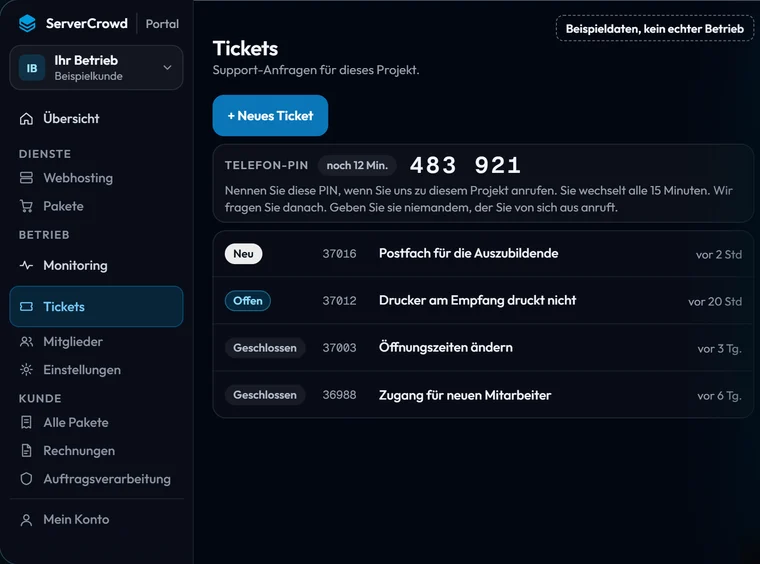 Tickets im ServerCrowd Portal: die Telefon-PIN und die Liste der Support-Anfragen eines Betriebs.