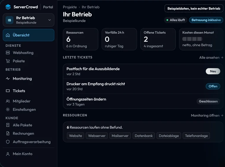 Übersicht im ServerCrowd Portal: Kacheln zu Ressourcen, Vorfällen und offenen Tickets, darunter die letzten Tickets eines Betriebs.